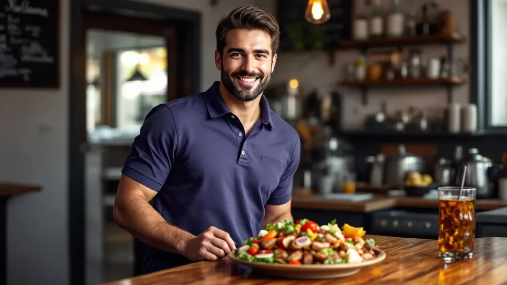Smiling man in casual polo shirt poses with healthy salad and beverage at kitchen counter.