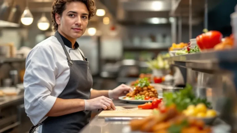 Professional chef preparing fresh vegetables in a modern commercial kitchen.