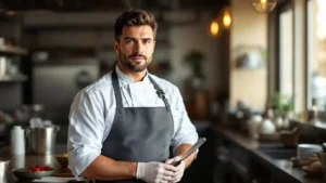 Professional chef holding knife in modern kitchen, wearing apron and white chef's coat.