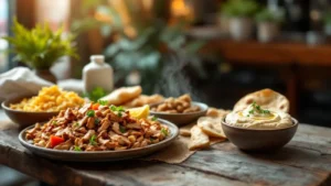 A beautifully arranged spread of authentic Middle Eastern halal food on a rustic wooden table inside a warmly lit Naperv