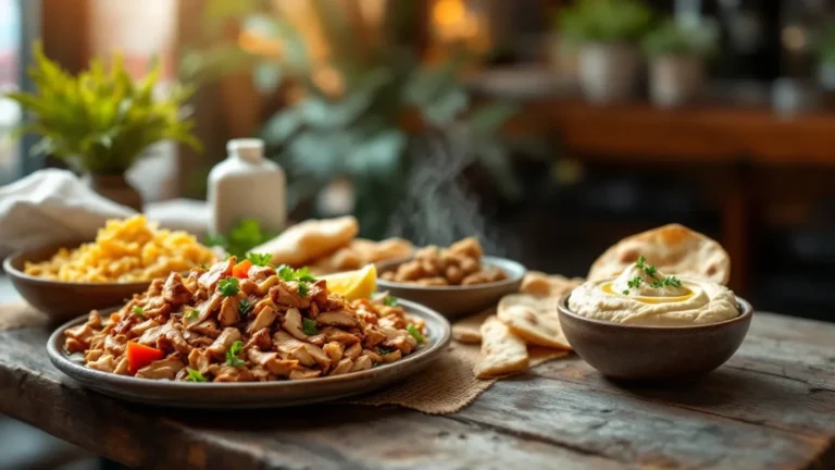 A beautifully arranged spread of authentic Middle Eastern halal food on a rustic wooden table inside a warmly lit Naperv