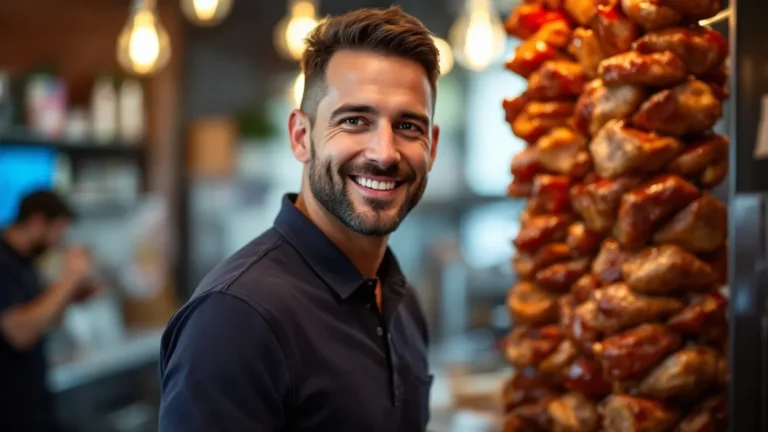 Smiling male employee posing in front of roasted meat display in commercial kitchen.