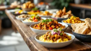 A beautifully arranged catering spread of Mediterranean food on a long wooden table at a brightly lit event space in Nap