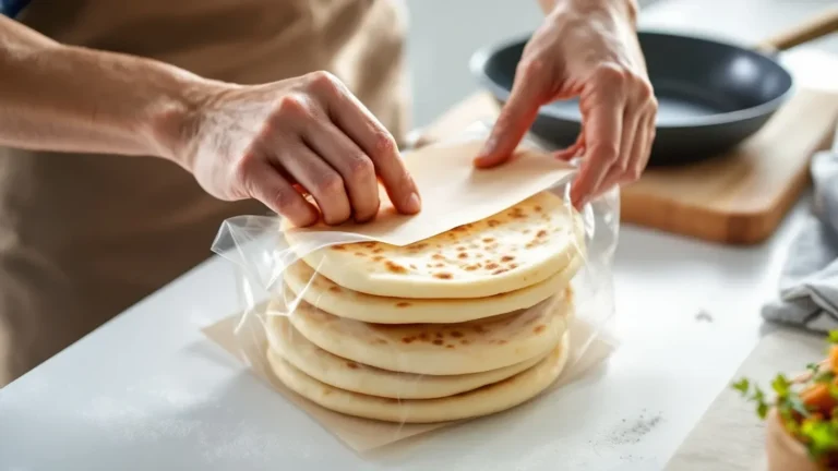 Chef's hands preparing stack of freshly cooked flatbread or naan in professional kitchen.