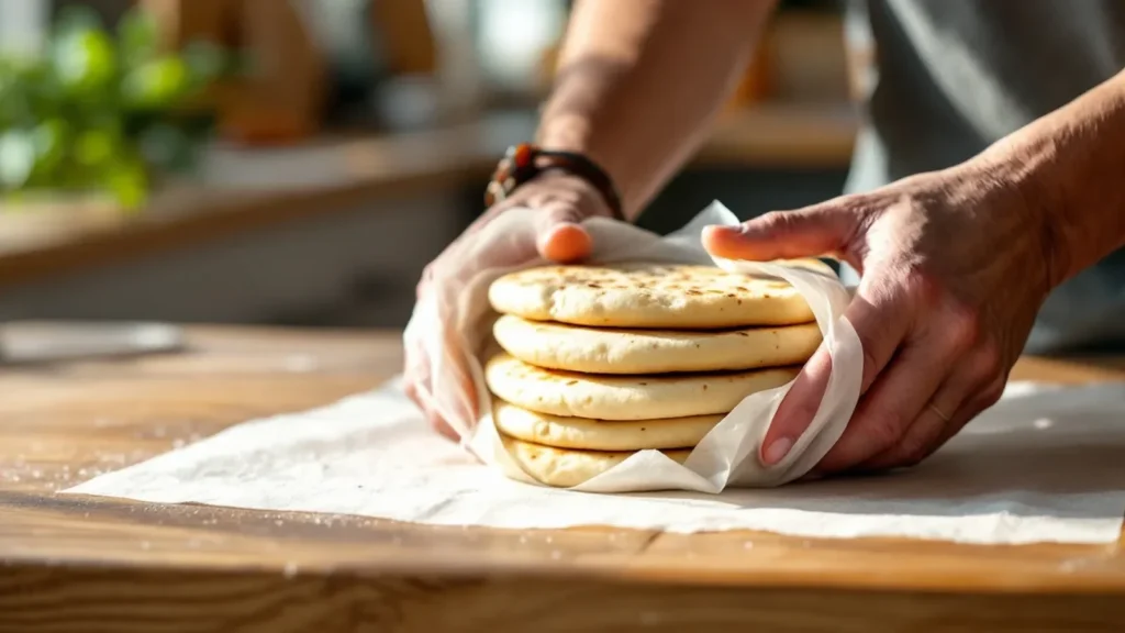 Baker's hands holding fresh-baked pita bread wrapped in paper on wooden surface.