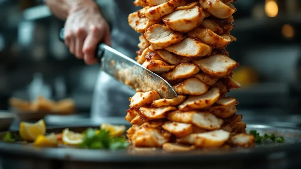 Chef slicing stacked roasted potato wedges with a sharp knife on a dark plate.