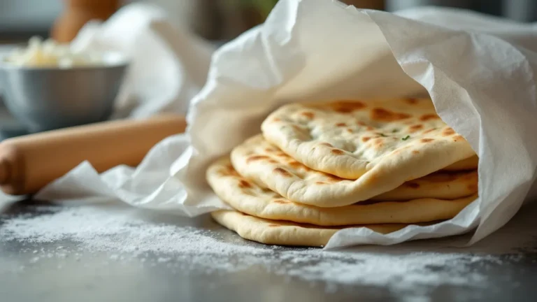 A warm kitchen counter scene in a Naperville home, showing a stack of freshly baked pita bread being gently wrapped in c