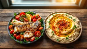 Grilled fish with fresh salad and hummus dip on rustic wooden table.