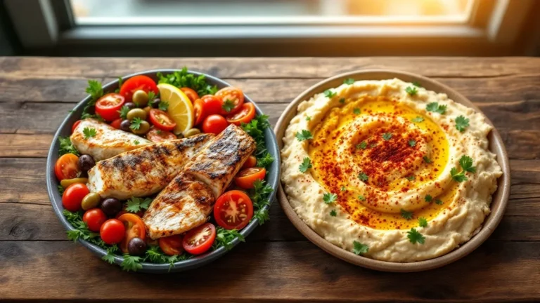 Grilled fish with fresh salad and hummus dip on rustic wooden table.