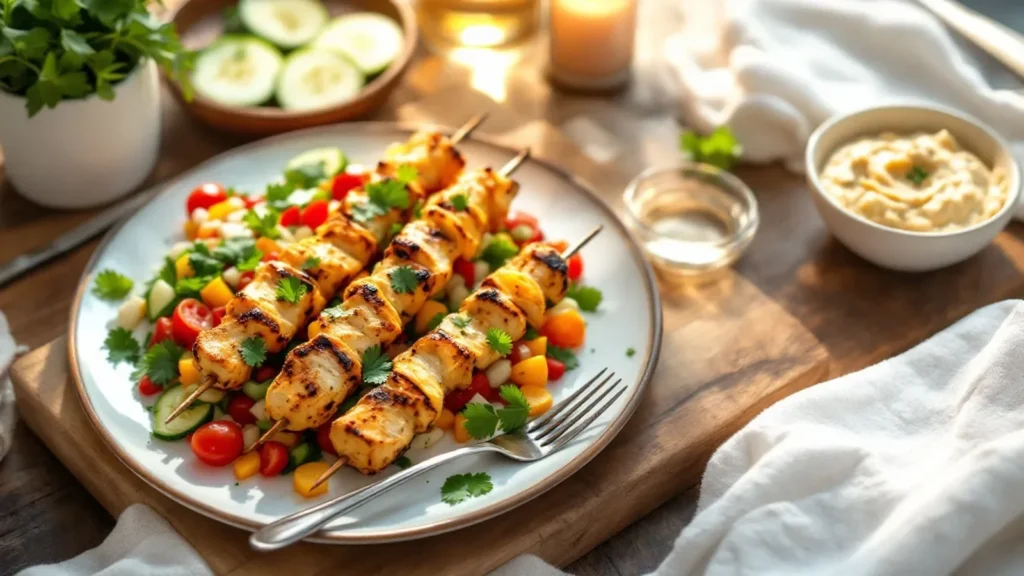 Grilled chicken skewers with colorful vegetables and fresh herbs on white plate.