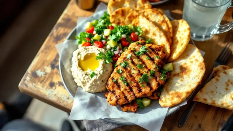 A bright, high-angle overhead photograph of a colorful, healthy Mediterranean plate featuring grilled chicken shawarma,