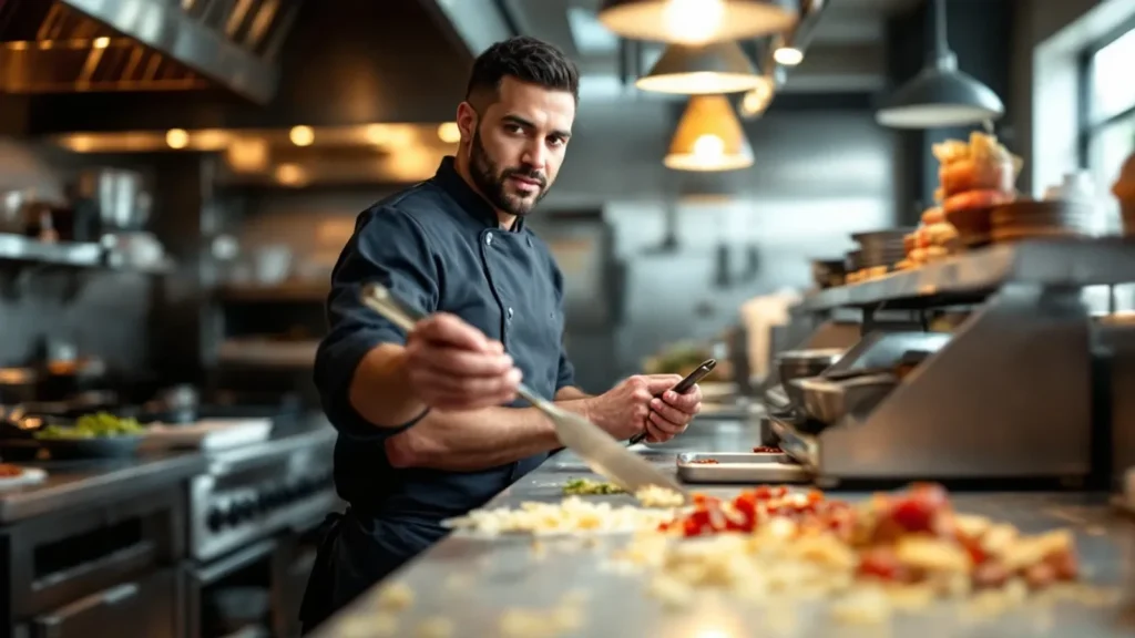 Chef in professional kitchen gestures while holding tablet during food preparation.