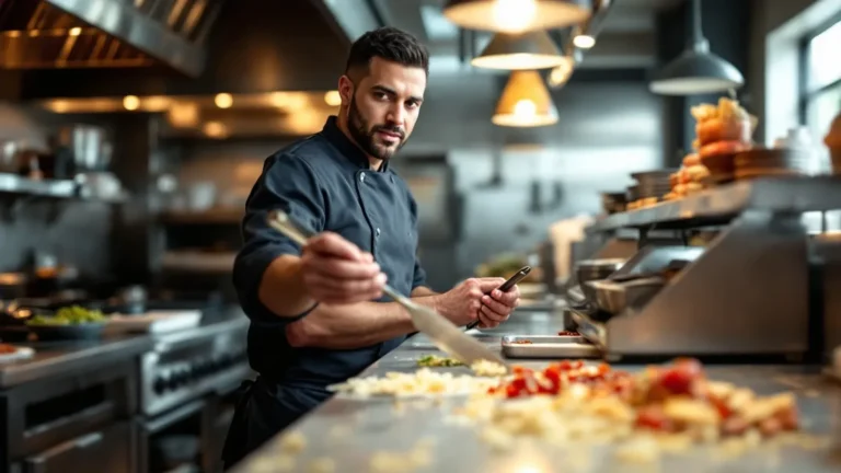 Chef in professional kitchen gestures while holding tablet during food preparation.