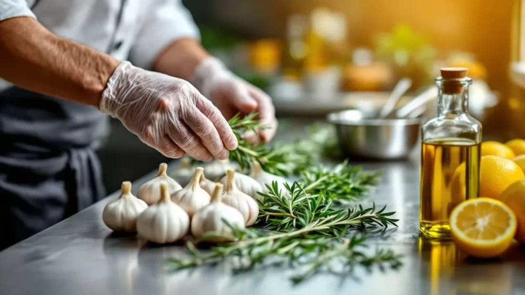 Chef preparing fresh rosemary garnish with garlic and lemon in professional kitchen setting.