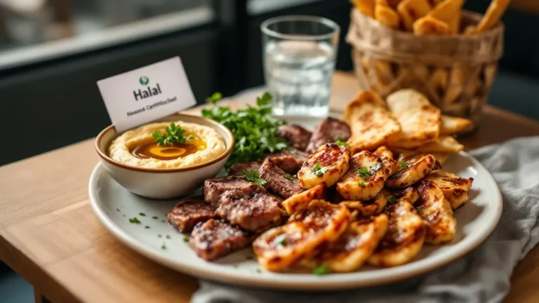 Halal-certified platter with grilled meats, shrimp skewers, hummus, and fresh bread.