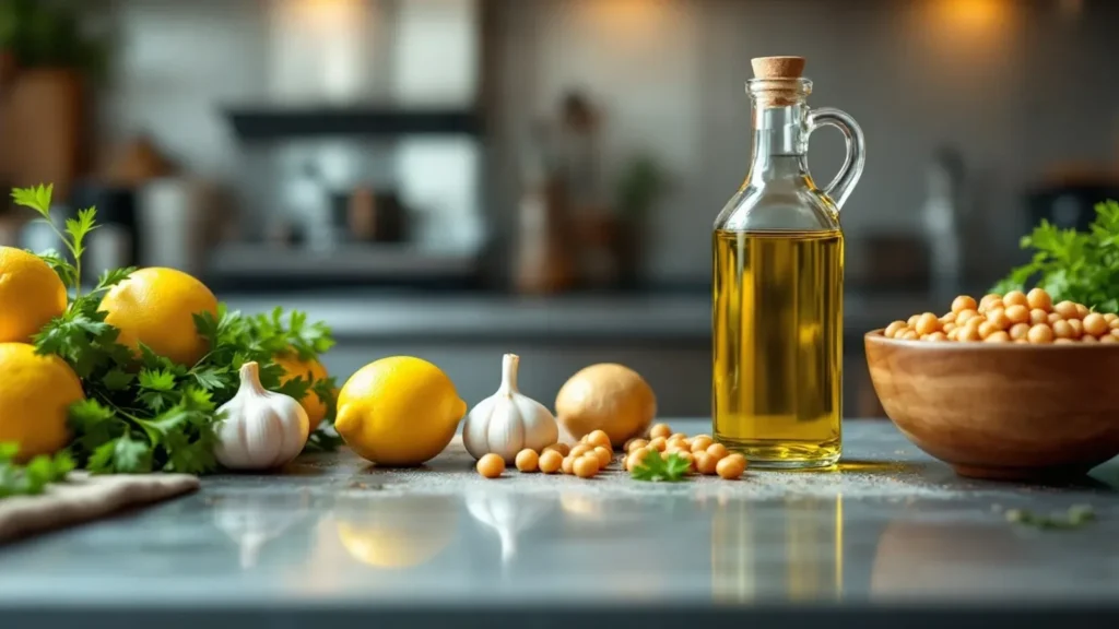 A warm, brightly lit close-up of a kitchen prep station in Naperville, featuring fresh, vibrant Mediterranean ingredient