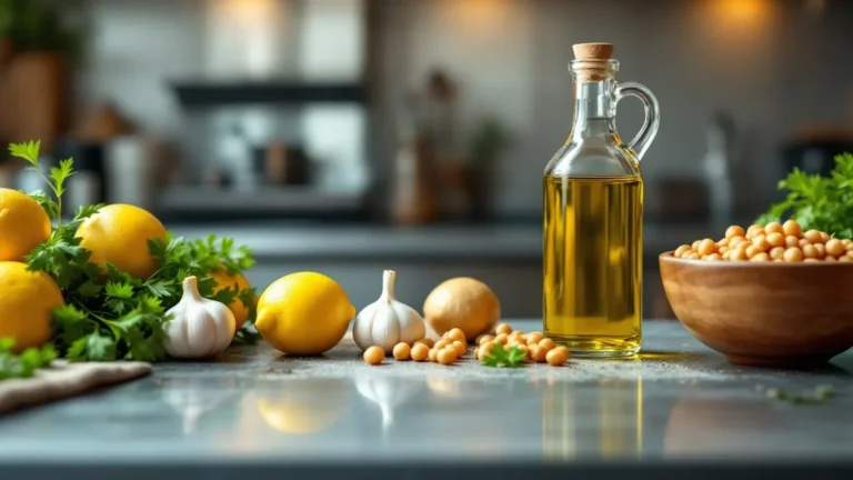 A warm, brightly lit close-up of a kitchen prep station in Naperville, featuring fresh, vibrant Mediterranean ingredient